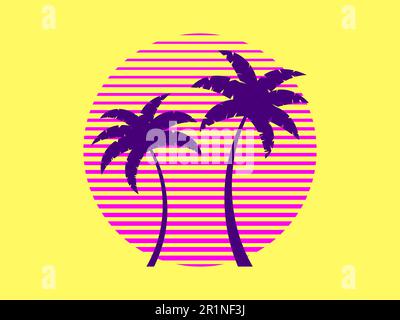Silhouette von zwei Palmen vor dem Sonnenuntergang im Stil der 80s Jahre. Tropischer Sonnenuntergang im Sommer. Design für Banner, Poster und Werbematte Stock Vektor