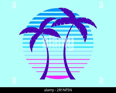 Sonnenuntergang mit Palmen im Stil von 80s. Sommerfest. Futuristische Retro-Sonne mit umrandenden Palmen im Synthwave-Stil. Design für den Druck Werbung br Stock Vektor