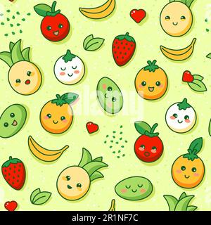 Fröhliches und helles Sommermuster mit saftigen tropischen Früchten. Kawaii-Cartoon-Style. Vektordarstellung. Nahtloses Vektormuster, perfekt für Kinder Stock Vektor