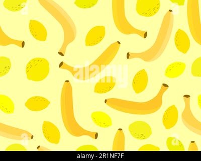 Bananen- und Zitronenmuster. Tropisches Sommermuster mit Bananen und Zitronen. Design für den Druck auf Stoff, Papier und Bannern. Vektor illustr Stock Vektor