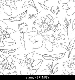 Vektorblume linearer nahtloser Hintergrund, Tuben und Blätter. Ein durchgehendes Linienmuster, handgezeichnet. Monolin-Doodle. Stock Vektor