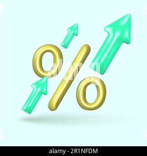 Wachstum in Prozent gestiegen. 3D Hochglanzsymbol. Prozentzeichen wird erhöht. Pfeil für Finanzangabe. Vektordarstellung. Stock Vektor