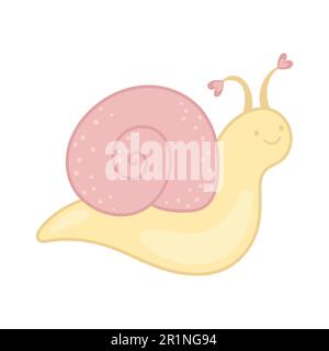 Süße, verliebte Schnecke. Rosa und Gelb. Einfache Illustration im Kawaii-Stil. Designelement für Drucke und Aufkleber. Clipart zum Valentinstag Stock Vektor