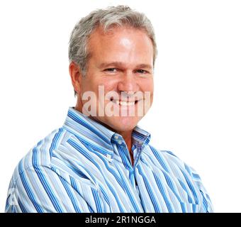 Glücklich, Gesicht und Porträt eines Mannes im Studio für Mode, elegant und selbstbewusst. Glück, Lächeln und reif mit männlichem Vorbild isoliert auf Weiß Stockfoto