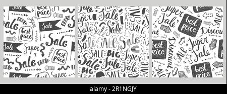Vektorset nahtloser Verkaufsmuster. Handgezeichnete Rabattschrift, Hintergrund des Angebots. Tintenzeichnung, Skizzen-Doodle-Style-Illustrationen. Stock Vektor