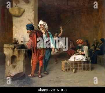 Araber in einem Kaffeehaus in Kairo, Bälle werden am Herd geworfen, 1850, Ägypten, Historische, digital restaurierte Reproduktion aus dem 19. Jahrhundert / Araber in einem Kaffehaus in Kairo, am Ofen werden Kugeln gegossen, 1850, Ägypten, Historisch, digitale Restaurierte Reproduktion von einer Vorlage aus dem 19. Hundert Stockfoto