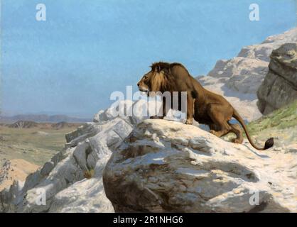 Löwe hält Wache auf einem Felsen, nach einem Gemälde von Jean-Leon Gerome, Historische, digital restaurierte Reproduktion eines Originals aus dem 19. Jahrhundert / Löwe hält auf einem Felsen Wache, nach einem Gemälde von Jean-Leon Gerome, Historisch, digital restaurierte Reproduktion von einer Vorlage aus dem 19. Hundert Stockfoto