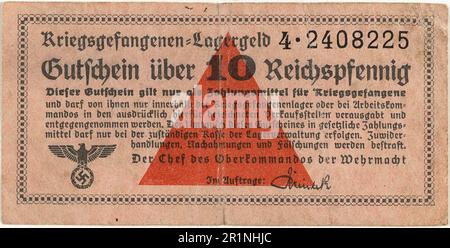 Lagergeld, Geld für Kriegsgefangenenlager, aus dem deutschen Kriegsgefangenenlager Stalag IV B in Mühlberg an der Elbe. Eine Banknote von 10 Pfennig, 1940, Deutschland, Historische, digital restaurierte Reproduktion eines Originals aus dem 19. Jahrhundert / Lagergeld, Kriegsgefangenen Lagergeld, aus dem deutschen Kriegsgefangenenlager Stalag IV B in Mühlberg an der Elbe. Eine Banknote zu 10 Pfennig, 1940, Deutschland, Historisch, digitale Restaurierte Reproduktion von einer Vorlage aus dem 19. Hundert Stockfoto