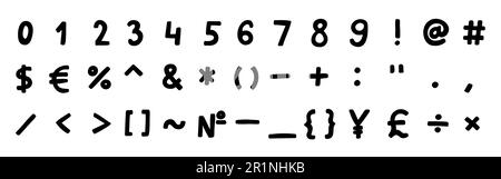 Einfache schwarze, spezielle mathematische und andere Symbole und Zeichen sind von 0 bis 9. Vektordarstellung im handgezeichneten Zeichentrickstil isoliert auf weißem Ba Stock Vektor