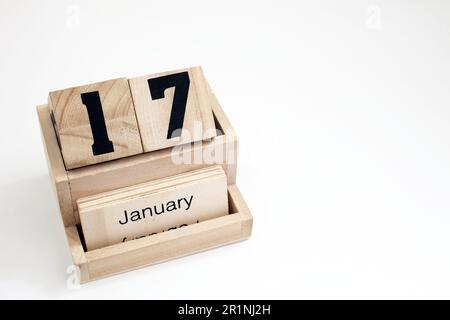 Hölzerne ewige Kalenderblöcke für Januar Stockfoto