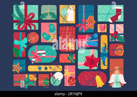 Leuchtendes Neujahrsgeschenk Schachteln flache Vektordarstellung. Weihnachtsgeschenke und Leckereien Aufkleber Set Stock Vektor
