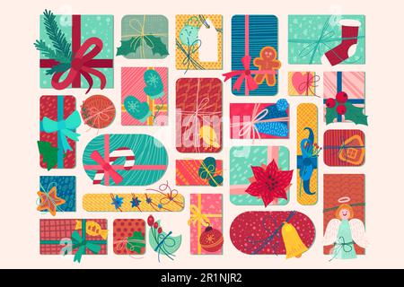 Leuchtendes Neujahrsgeschenk Schachteln flache Vektordarstellung. Weihnachtsgeschenke und Leckereien Aufkleber Set Stock Vektor