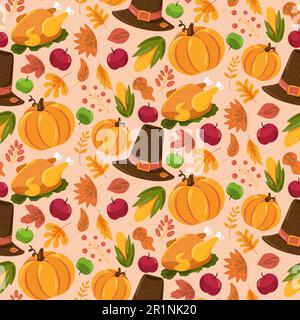 Herbstmuster, süßes, texturiertes Herbstdesign mit halloween- und Thanksgiving-Symbolen. Lustiger Hintergrund für saisonale Tapeten. Vektor Stock Vektor