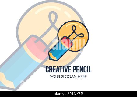 Kreative Idee, Bleistift und Glühbirne für Logo-Design. Vorlagenposter mit Kopierbereich für Firmenlogo. Kreativagenturgeschäft und Startup-Konzept Stock Vektor
