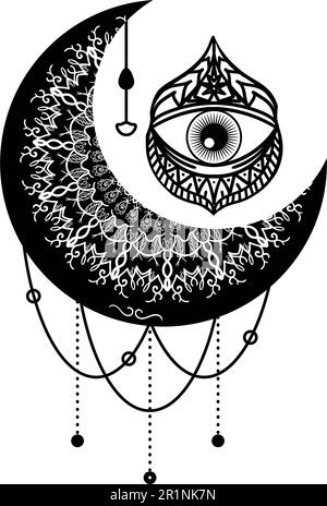 Mandala mit Blumenverzierung Vektordarstellung. Mondsichelkontursymbol. Drittes ethnisches Maskottchen. Zentangle Ornament. Dünne Strichzeichnungen. Isoliert o Stock Vektor