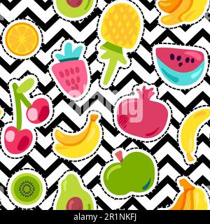 Bemalte Beeren Sommerfrüchte Mischen Nahtloses Muster. Leuchtende Ananas, Orange im Zickzack-Hintergrund. Kirschen, Kiwi und Granatäpfel mit schwarzer gepunkteter Linie. Stock Vektor