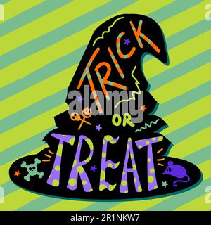 Halloween-Grußkarte oder Partyeinladung mit handgezeichneten Buchstaben auf Hexenhut. Kreatives Poster zur halloween-Feier mit Kalligrafie. Vektor Stock Vektor