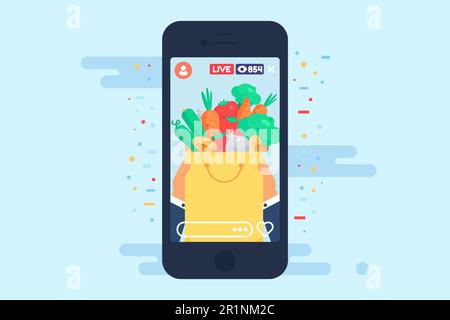 Livestream über gesundes Essen Konzept Illustration. Online-Shopping-Streaming auf dem Smartphone-Bildschirm. Vektor isolierte Farbzeichnung auf blauem Hintergrund Stock Vektor