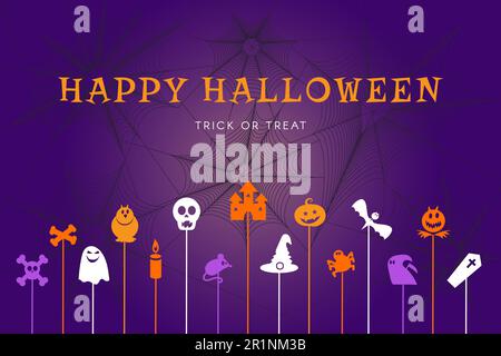 Happy halloween-Banner für Party-Poster mit Kürbissen, Hexen, Spinnen und Fledermäusen. Farbenfrohes Grafikdesign der oktoberveranstaltung. Stock Vektor