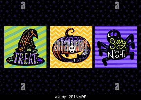 Kartenset und Einladungen zu halloween mit handgezeichneten Buchstaben und traditionellen halloween-Symbolen: Kürbis, Hexenhut und Spinne. Feiertagsvorlage Stock Vektor