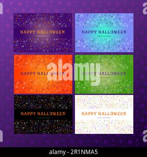 Set aus Kritzelplakaten und Bannern für ein Happy halloween-Konzept mit handgezeichneten traditionellen Feiertagssymbolen auf farbenfrohen Hintergründen. Vektordarstellung Stock Vektor