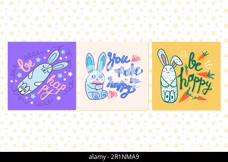 Süße Karten mit handgezogenen Motivationszeichen und lustigen Häschen. Satz von Vorlagengrußkarten für Feiertage und Geburtstage. Calligra Stock Vektor