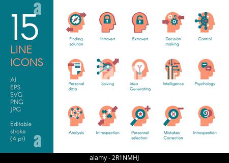 Der menschliche Verstand verarbeitet flache Vektorsymbole. Hirnwissenschaft und Psychologie blaue und gelbe Piktogramme Stock Vektor