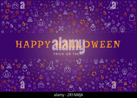 Happy halloween niedliche Kritzeleien als Hintergrund für Party-Dekoration oder Website-Design. Halloween-Poster mit traditionellen Feiertagssymbolen. Vektordarstellung Stock Vektor