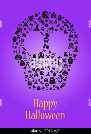 Halloween-Party-Einladung oder Vorlage für Werbeplakat mit Schädel. „Happy halloween“-Grußkartendesign. Doodle-Vektordarstellung Stock Vektor