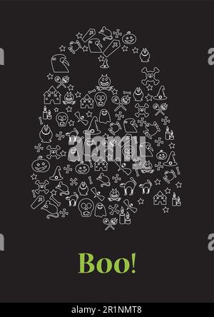 Halloween-Party-Einladung, Grußkarte oder Flyer-Design für Typografie mit kritzelnden Kürbissen, Geistern und Hexen auf schwarzem Hintergrund. Vorlagenvektor Stock Vektor