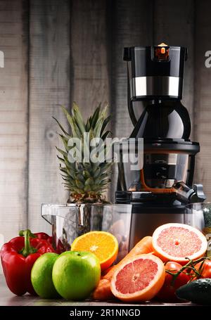 Langsam Entsafter mit biologischem Obst und Gemüse. Detox Diät Stockfoto