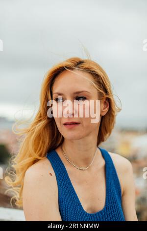 Woman and Windy Day Stockfoto