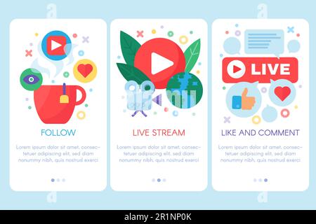Vektorvorlage für Live-Stream-Onboarding. Soziale Multimedia-Medien und globale Nachrichten. Responsive mobile Website mit Symbolen. Bildschirme für die einzelnen Schritte der Webseite. Ähnlich Stock Vektor