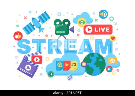 Halbflache Vektorvorlage für globale Nachrichten. Symbol für Livestream-Konzept. Beschriftung isoliert auf weißem Hintergrund. Abzeichen für Online-Übertragungen. Soziale Medien Stock Vektor