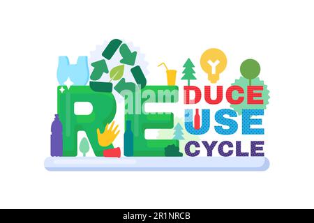 Banner für Umwelt- und Umweltschutzkonzept reduzieren, wiederverwenden und recyceln. Keine Abfälle, umweltfreundlich, umweltschonend, umweltschonend und umweltschonend Stock Vektor