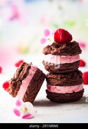 Hausgemachte Eiskekse, Sandwiches mit Himbeeren und Schokolade Stockfoto