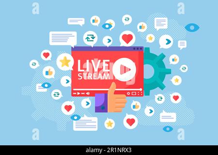 Illustration des Live-Stream-Launch-Konzepts. Flache Symbole für Online-Broadcast-Ideen. Cartoon-Abzeichen mit Streaming-Feedback. Social-Media-Banner. Vektor isolierte Spalte Stock Vektor