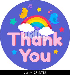 Danke, farbiger, bedruckbarer Aufkleber. Symbol für Regenbogen-Konzept. Kinder flicken mit Vögeln. Helle Dekoration. Thanksgiving-Tag. Vektorisolierte Konstruktionsbeispiele Stock Vektor