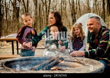 Lächelnde Familie, die während Fal Marshmallows über dem Lagerfeuer im Wald röstete Stockfoto