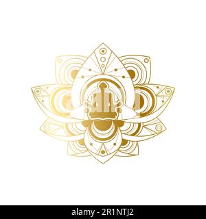 Yoga- und Meditations-Label-Design, weibliche Silhouette in Golden Lotus Pose Template. Schönheitssalon oder Entspannungs-Spa-Center Emblem oder Branding Element Ve Stock Vektor