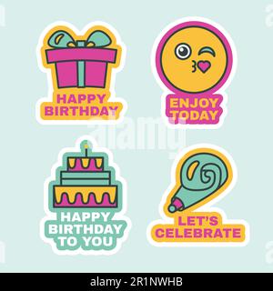 Geburtstagsetiketten, süße Grußaufkleber für Nachrichten. Zeichentrickabzeichen. Geschenk, Kuchen, Geschenkschilder für Celebration Event Isolated. Flaches Design Vecto Stock Vektor