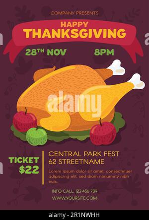 Thanksgiving-Einladungskarte oder Angebotsflyer-Vorlage mit geröstetem truthahn. Traditionelles Herbstfestival oder Partyposter. Frohes Weihnachtsbanner. Vect Stock Vektor