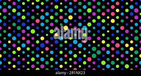 Leuchtendes, nahtloses Pokadot-Muster auf Schwarz. Abstrakter mehrfarbiger Vektorhintergrund mit Polka-Punkten. Lustige Tapete mit Kreisen. Modernes einfaches geometrisches p Stock Vektor