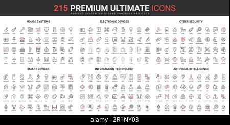 Smart-Home-Systeme und -Geräte, KI-Informationstechnologie, dünne Linien, rote schwarze Symbole, die Vektorbilder darstellen. Abstrakte Symbole für künstliche Intelligenz und Cybersicherheit einfaches Design für mobile Web-Apps Stock Vektor