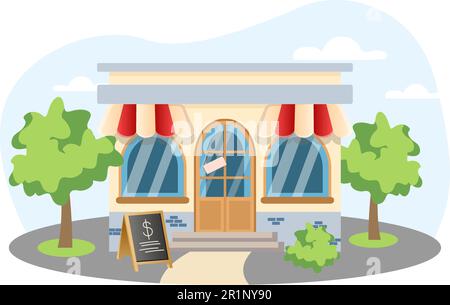 Illustration anzeigen. Gebäude, Fenster, Tür, Dach, Baum. Bearbeitbares Vektorgrafikdesign. Stock Vektor