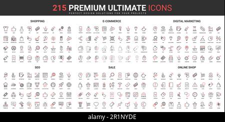 Einkaufen, digitale Marketingkampagne dünne Linien rote schwarze Symbole stellen Vektorgrafiken dar. E-Commerce-Strategie für abstrakte Symbole, Online-Shop, SEO-Service für den Vertrieb einfaches Design für Mobil- und Web-Apps Stock Vektor