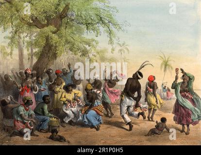 Eine Gruppe schwarzer Sklaven, die im Dou tanzen, enthält Musikinstrumente wie Maracas und Trommeln, 1839, Suriname, historische, digital restaurierte Reproduktion eines Originals aus dem 19. Jahrhundert / eine Gruppe schwarzer Sklaven tanzt im Dou, enthält Musikinstrumente Maracas und Trommwie eln, 1839, Suriname, Historisch, Digitale Restaurierte Reproduktion von einer Vorlage aus dem 19. Hundert Stockfoto