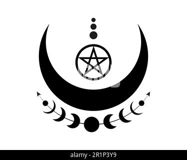 Mystische Mondphasen und Wicca-Pentagramm. Heilige Geometrie. Logo, Halbmond-Mond, heidnische Wiccan-Göttin-Symbol, Energiekreis, Bo-Style-Vektor Stock Vektor