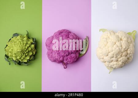 Verschiedene frische Kohle auf farbenfrohem Hintergrund, flach liegend Stockfoto