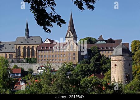 Historische Altstadt, protestantische Altstadt Kirche St. Maria in Vinea, Marianum-Gymnasium, Warburg, Hoexter-Bezirk, Nordrhein-Westfalen Stockfoto